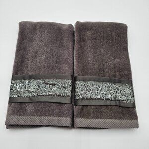 Croscill Luxury Gray Hand Towels With Silver Sequin Accent - Set Of 2 - Holiday
